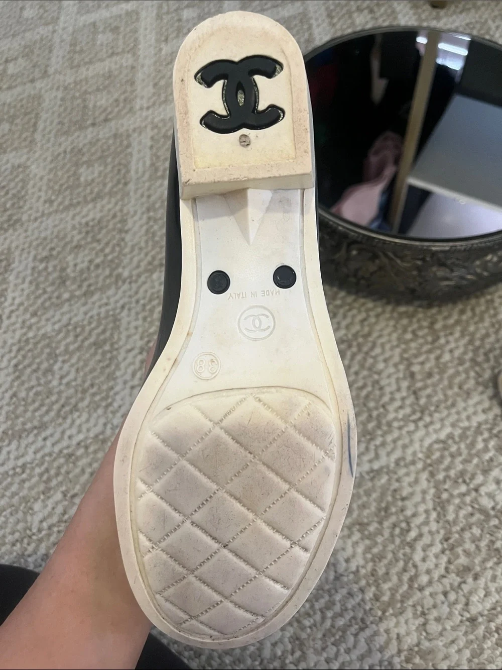 Authentic CHANEL Black Patent Rain Boots with Black and Cream Camellia